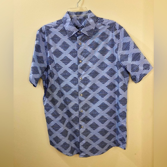 Tasso Elba, Men’s Cotton Casual Light Blue and Navy, Short Sleeve Button Up - Picture 1 of 7